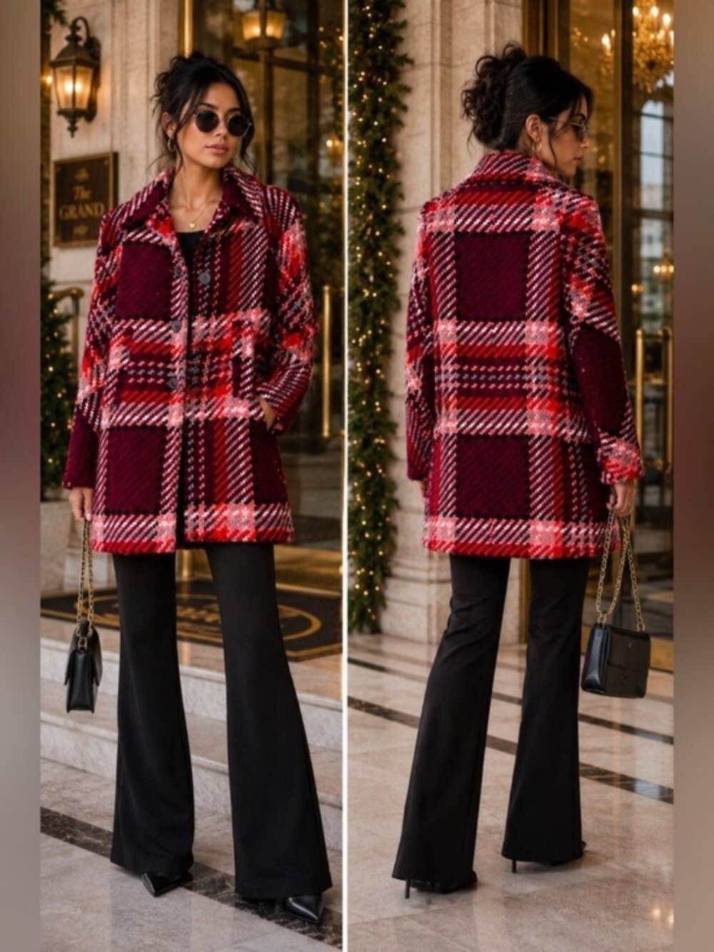 Zara Woman Red Burgundy Plaid Tweed Coat S Preppy Dark Academia